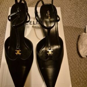 Celine Elegant Black Heels with Gold Detail